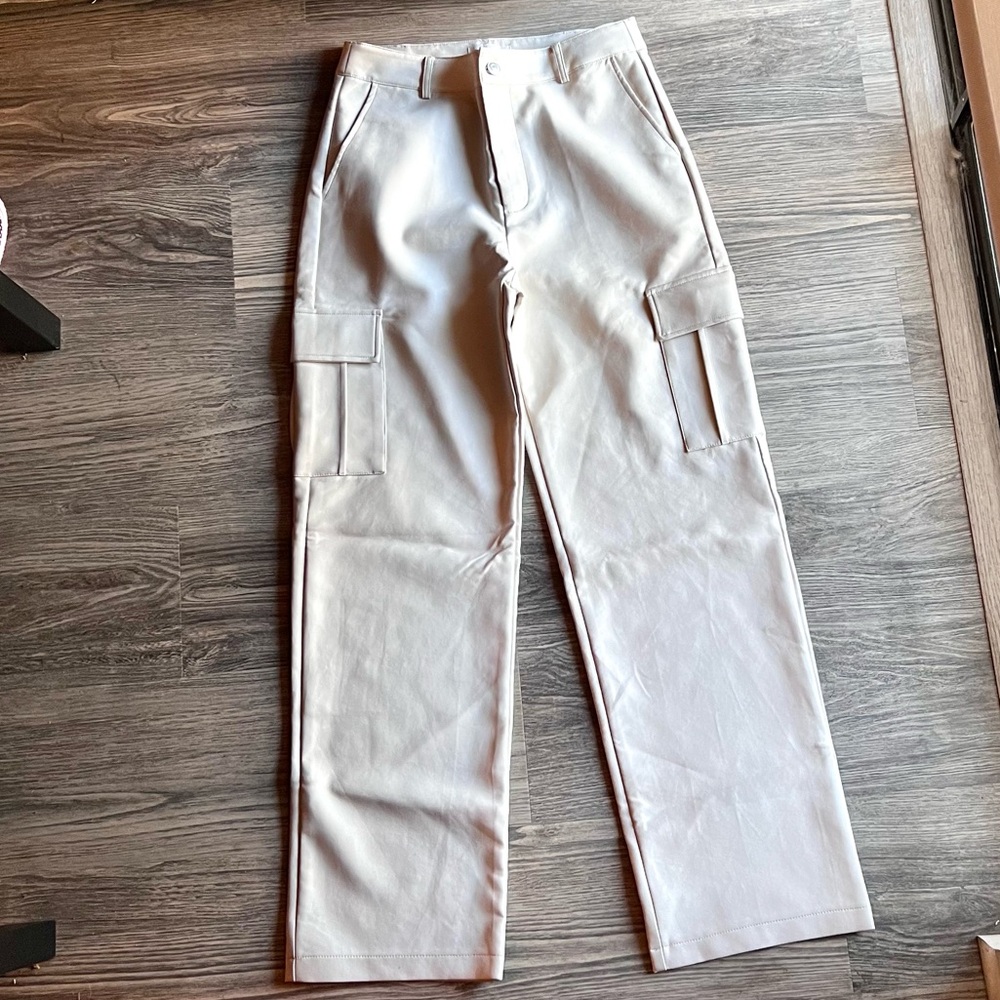 Faux Leather Cream Cargo Pants